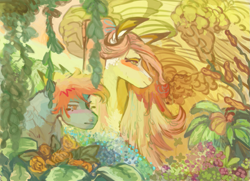 Size: 1183x858 | Tagged: safe, artist:penrosa, imported from derpibooru, fluttershy, rainbow dash, pony, alternate hairstyle, bust, duo, female, flower, mare, outdoors, plant, three quarter view