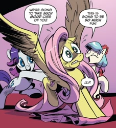 Size: 552x608 | Tagged: safe, artist:andypriceart, idw, imported from derpibooru, coco pommel, fluttershy, rarity, earth pony, pegasus, pony, unicorn, spoiler:comic, spoiler:comic64, butt touch, comic panel, cropped, female, hoof on butt, imminent makeover, mare, official comic, out of context, pushing, rump push, speech bubble, spread wings, wings