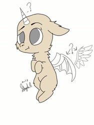 Size: 1080x1440 | Tagged: safe, artist:_wulfie, imported from derpibooru, oc, oc only, alicorn, bat pony, bat pony alicorn, pony, bat wings, chest fluff, commission, confused, horn, question mark, signature, solo, wings, your character here