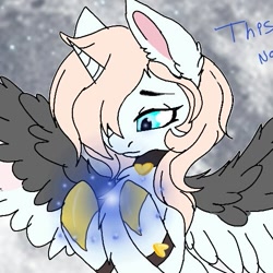 Size: 501x500 | Tagged: safe, alternate version, artist:_wulfie, imported from derpibooru, oc, oc only, alicorn, pony, alicorn oc, cropped, ear fluff, hair over one eye, horn, sfe, solo, wings
