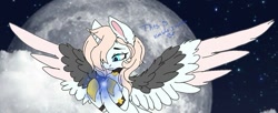 Size: 799x327 | Tagged: safe, artist:_wulfie, imported from derpibooru, oc, oc only, alicorn, pony, alicorn oc, cropped, ear fluff, glowing hooves, hair over one eye, horn, moon, night, sfe, solo, spread wings, stars, wings