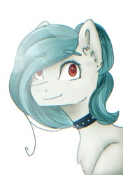 Size: 1039x1476 | Tagged: safe, artist:irinamar, imported from derpibooru, oc, oc only, earth pony, pony, bust, choker, ear fluff, earth pony oc, simple background, smiling, solo, spiked choker, white background