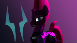 Size: 1920x1080 | Tagged: safe, artist:marianokun, imported from derpibooru, fizzlepop berrytwist, tempest shadow, pony, unicorn, 3d, armor, broken horn, horn, looking at you, purple background, simple background, smiling, source filmmaker, storm king's emblem, watermark