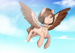 Size: 1280x902 | Tagged: safe, artist:irinamar, imported from derpibooru, oc, oc only, pegasus, pony, chest fluff, cloud, deviantart watermark, flying, jewelry, necklace, obtrusive watermark, pegasus oc, solo, two toned wings, watermark, wings