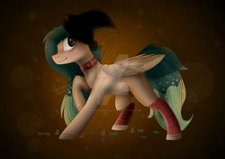 Size: 1280x902 | Tagged: safe, artist:irinamar, imported from derpibooru, oc, oc only, pegasus, pony, abstract background, collar, deviantart watermark, hat, leg warmers, obtrusive watermark, pegasus oc, raised hoof, smiling, watermark, wings, witch hat