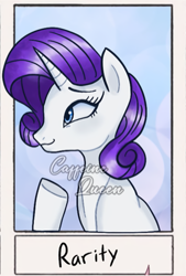 Size: 873x1292 | Tagged: safe, alternate version, artist:_caffeine_queen, imported from derpibooru, rarity, pony, unicorn, six fanarts, bust, cropped, eyelashes, female, mare, smiling, underhoof