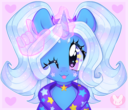 Size: 4000x3456 | Tagged: safe, artist:bunxl, imported from derpibooru, trixie, pony, unicorn, :p, babysitter trixie, bust, cute, diatrixes, digital art, female, glowing horn, hand, heart, high res, horn, magic, magic hands, mare, one eye closed, pigtails, pink background, portrait, simple background, smiling, solo, tongue out, wink