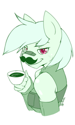 Size: 768x1280 | Tagged: safe, artist:tea-redrex, imported from derpibooru, oc, oc only, oc:bandaid, earth pony, pony, bandaid, bandaid on nose, bust, clothes, cup, earth pony oc, fake moustache, female, food, limited palette, red eyes, signature, simple background, smiling, solo, tea, teacup, white background