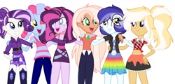 Size: 1280x616 | Tagged: safe, artist:thecyborgartist, imported from derpibooru, oc, oc only, oc:bubble storm, oc:caramel jersey, oc:fizzy pop, oc:gemstone, oc:glitter strike, oc:sweet apple, equestria girls, belly button, belt, boots, choker, clothes, derp, dress, eye scar, female, freckles, heterochromia, jacket, magical lesbian spawn, midriff, next generation, off shoulder, offspring, pants, parent:applejack, parent:big macintosh, parent:derpy hooves, parent:fluttershy, parent:pinkie pie, parent:pokey pierce, parent:rainbow dash, parent:tempest shadow, parent:trenderhoof, parent:twilight sparkle, parents:derpydash, parents:fleurity, parents:fluttermac, parents:pokeypie, parents:tempestlight, parents:trenderjack, plaid, scar, shirt, shoes, shorts, simple background, skirt, t-shirt, thigh boots, white background