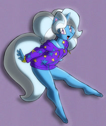 Size: 840x1000 | Tagged: safe, artist:theburningdonut, imported from derpibooru, trixie, anthro, plantigrade anthro, unicorn, babysitter trixie, clothes, fangs, female, gameloft, legs, mare, pigtails, solo, sweater, twintails