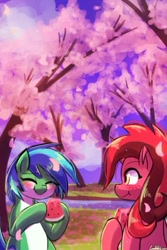 Size: 451x677 | Tagged: safe, artist:lumineko, imported from derpibooru, oc, oc only, oc:pure red, oc:sky yoshi, earth pony, pony, unicorn, blushing, commission, eating, eyes closed, female, food, mare, pale belly, scenery, smiling, tree, watermelon