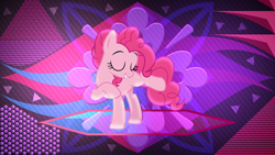 Size: 3840x2160 | Tagged: safe, artist:illumnious, artist:laszlvfx, edit, imported from derpibooru, pinkie pie, earth pony, pony, abstract background, balancing, cute, eyes closed, female, high res, mare, raised eyebrow, smiling, solo, wallpaper, wallpaper edit