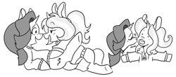 Size: 1988x876 | Tagged: safe, artist:kikomanlet, imported from derpibooru, starlight glimmer, trixie, pony, unicorn, blushing, cheek kiss, clothes, duo, female, hoodie, kissing, lesbian, looking at each other, lying down, mare, monochrome, shipping, smooch, startrix, sweater