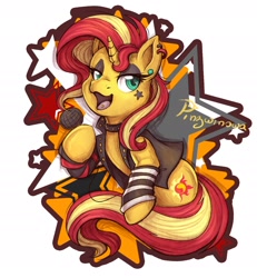 Size: 2500x2700 | Tagged: safe, artist:pingwinowa, imported from derpibooru, sunset shimmer, pony, unicorn, ear piercing, female, hard rock, high res, mare, music, open mouth, piercing, punk, punkset shimmer, rock, rock (music), simple background, solo, stars, tongue piercing, white background