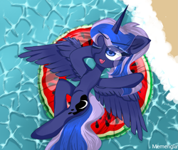 Size: 1865x1575 | Tagged: safe, artist:memengla, imported from derpibooru, princess luna, alicorn, pony, beach, eye clipping through hair, female, inner tube, mare, on back, one eye closed, solo, spread wings, water, wings