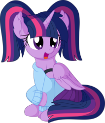 Size: 6190x7263 | Tagged: safe, artist:cyanlightning, imported from derpibooru, twilight sparkle, alicorn, pony, .svg available, alternate hairstyle, clothes, cute, ear fluff, female, folded wings, mare, off shoulder, off shoulder sweater, open mouth, pigtails, simple background, sitting, skirt, solo, sweater, transparent background, twiabetes, twigtails, twilight sparkle (alicorn), twintails, vector, wings