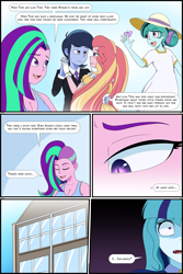 Size: 1280x1919 | Tagged: safe, artist:jase1505, imported from derpibooru, aria blaze, sonata dusk, oc, oc:high tide, oc:honeycrisp blossom, oc:low tide, butterfly, series:dusk oceanos, equestria girls, comic, flashback, hospital, scared, smiling