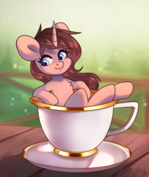 Size: 1496x1772 | Tagged: safe, artist:sugarstar, imported from derpibooru, oc, oc only, oc:morning coffee, pony, unicorn, cup, cup of pony, cute, female, gilded, gold rims, horn, looking away, mare, micro, rcf community, saucer, sitting