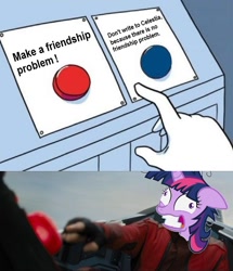 Size: 958x1115 | Tagged: safe, imported from derpibooru, twilight sparkle, lesson zero, doctor eggman, insanity, jim carrey, meme, messy mane, robotnik pressing red button, sonic movie 2020, sonic the hedgehog (series)