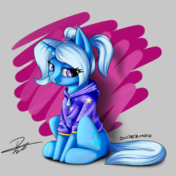 Size: 3300x3300 | Tagged: safe, artist:supermoix, imported from derpibooru, trixie, pony, unicorn, abstract background, babysitter trixie, clothes, female, gameloft, gameloft interpretation, high res, hoodie, mare, pigtails, ponytail, sitting, solo