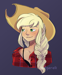 Size: 1105x1337 | Tagged: safe, artist:little-tweenframes, deleted from derpibooru, imported from derpibooru, applejack, human, equestria girls, bra, braid, bust, clothes, female, humanized, plaid shirt, shirt, solo, underwear