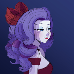 Size: 2000x2000 | Tagged: safe, artist:little-tweenframes, deleted from derpibooru, imported from derpibooru, rarity, equestria girls, bedroom eyes, bow, bust, clothes, dress, female, lipstick, purple background, simple background