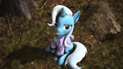 Size: 3840x2160 | Tagged: safe, artist:psfmer, imported from derpibooru, trixie, pony, unicorn, 3d, babysitter trixie, clothes, female, gem, grass, ground, hoodie, looking at you, looking up at you, mare, raised hoof, raspberry, revamped ponies, rock, sitting, solo, source filmmaker, tongue out, tree