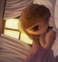 Size: 3200x3430 | Tagged: safe, artist:vultraz, imported from derpibooru, octavia melody, earth pony, pony, bed, blanket, curtains, female, lying down, morning ponies, one eye closed, pillow, solo, sunlight, window