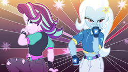 Size: 4000x2237 | Tagged: safe, artist:limedazzle, imported from derpibooru, starlight glimmer, trixie, equestria girls, anime, battle tendency, caesar zeppeli, clothes, fingerless gloves, gloves, jojo pose, jojo's bizarre adventure, joseph joestar, looking at you, looking back, midriff, pants, pose, raised leg, reference, show accurate, watch