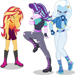 Size: 4579x4560 | Tagged: safe, artist:limedazzle, imported from derpibooru, starlight glimmer, sunset shimmer, trixie, equestria girls, absurd resolution, anime, battle tendency, belt, blue eyes, blue skin, boots, clothes, eyes closed, facepalm, female, fingerless gloves, gloves, implied caesar zeppeli, implied joseph joestar, jeans, jojo pose, jojo reference, jojo's bizarre adventure, open mouth, pants, pose, purple eyes, purple skin, raised leg, reference, shoes, shorts, show accurate, simple background, sleeveless, sunset shimmer is not amused, tomboy, transparent background, unamused, unicorn trio, watch, yellow skin