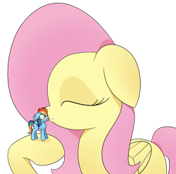 Size: 1631x1608 | Tagged: safe, artist:reconprobe, imported from derpibooru, fluttershy, rainbow dash, pegasus, blushing, duo, female, floppy ears, flutterdash, giantess, kissing, lesbian, macro, micro, shipping, simple background, size difference, transparent background