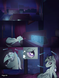 Size: 2601x3464 | Tagged: safe, artist:jesterpi, imported from derpibooru, oc, oc:jester pi, comic:a jester's tale, alarm, bed, city, comic, flat, hotel, laying on bed, lying on bed, manehattan, pannels, sleeping, snoozing, snot bubble, text, waking up