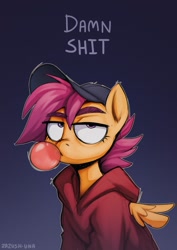 Size: 905x1280 | Tagged: safe, artist:zazush-una, imported from derpibooru, scootaloo, pegasus, pony, baseball cap, bubblegum, cap, clothes, female, filly, food, gum, hat, hoodie, solo, text, vulgar