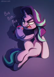 Size: 905x1280 | Tagged: safe, artist:zazush-una, imported from derpibooru, starlight glimmer, twilight sparkle, pony, unicorn, angry, bitchlight glimmer, blah blah blah, female, mare, open mouth, sitting, sock puppet, solo, thick eyebrows