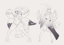 Size: 1280x904 | Tagged: safe, alternate version, artist:tea-redrex, imported from derpibooru, oc, oc only, oc:cteno, anthro, mantis, clothes, duo, female, lineart, monochrome