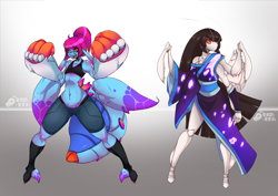 Size: 1280x905 | Tagged: safe, alternate version, artist:tea-redrex, imported from derpibooru, oc, oc only, oc:cteno, anthro, mantis, clothes, colored, duo, female