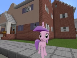 Size: 2048x1536 | Tagged: safe, artist:topsangtheman, imported from derpibooru, amethyst star, sparkler, pony, unicorn, 3d, female, house, looking at you, minecraft, photoshopped into minecraft, solo, source filmmaker