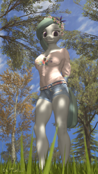 Size: 2160x3840 | Tagged: safe, artist:epsilonwolf, imported from derpibooru, marble pie, anthro, plantigrade anthro, 3d, clothes, cute, female, floral head wreath, flower, grass, hands behind back, jeans, looking at you, meadow, nexgen, pants, shirt, shorts, smiling at you, solo, source filmmaker, summer, sunglasses, tree