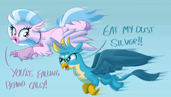 Size: 1920x1080 | Tagged: safe, artist:sintakhra, imported from derpibooru, gallus, silverstream, classical hippogriff, griffon, hippogriff, tumblr:studentsix, chest fluff, cute, diastreamies, duo, female, flying, gallabetes, male, racing, simple background, stair keychain, wings