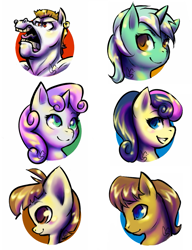 Size: 769x1000 | Tagged: safe, artist:tentabuddies-n-co, imported from derpibooru, bon bon, bulk biceps, caramel, featherweight, lyra heartstrings, sweetie belle, sweetie drops, pony, background pony, bust, colored pupils, colt, female, filly, male, mare, open mouth, portrait, profile, simple background, stallion, white background