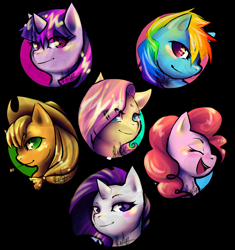 Size: 900x959 | Tagged: safe, artist:tentabuddies-n-co, imported from derpibooru, applejack, fluttershy, pinkie pie, rainbow dash, rarity, twilight sparkle, pony, black background, bust, colored pupils, eye clipping through hair, eyes closed, female, mane six, mare, open mouth, portrait, profile, simple background, straw in mouth