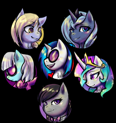 Size: 900x959 | Tagged: safe, artist:tentabuddies-n-co, imported from derpibooru, derpy hooves, dj pon-3, octavia melody, photo finish, princess celestia, princess luna, vinyl scratch, pony, black background, bust, crown, female, jewelry, mare, open mouth, portrait, profile, regalia, s1 luna, simple background