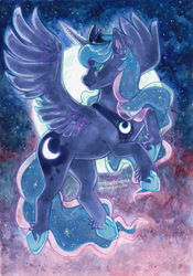 Size: 650x926 | Tagged: safe, artist:nekophoenix, imported from derpibooru, princess luna, alicorn, pony, copic, female, full moon, lidded eyes, mare, moon, night, signature, sky, smiling, solo, spread wings, traditional art, watercolor painting, wings