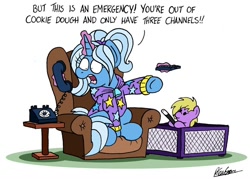 Size: 1024x733 | Tagged: safe, artist:bobthedalek, imported from derpibooru, trixie, pony, unicorn, baby, baby pony, babysitter trixie, babysitting, chair, clothes, female, foal, gameloft, gameloft interpretation, glowing, glowing horn, hoodie, hoof hold, horn, inconvenient trixie, levitation, magic, magic aura, magic wand, mare, phone, pigtails, playpen, raised hoof, remote, remote control, signature, sitting, solo, telekinesis, telephone, television remote