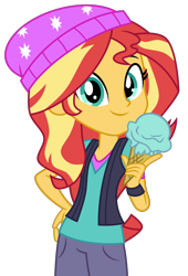 Size: 3800x5600 | Tagged: safe, artist:emeraldblast63, imported from derpibooru, sunset shimmer, equestria girls, absurd resolution, beanie, clothes swap, cute, female, food, hat, ice cream, implied starlight glimmer, simple background, smiling, solo, transparent background