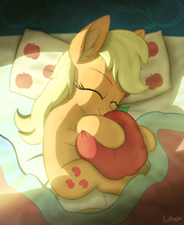 Size: 2000x2450 | Tagged: safe, artist:litrojia, imported from derpibooru, applejack, earth pony, pony, apple, bed, big ears, cute, ear fluff, eyes closed, female, food, high res, hug, jackabetes, large ears, lying down, mare, missing accessory, on side, pillow, plushie, side, sleeping, smiling, solo, sunlight, that pony sure does love apples