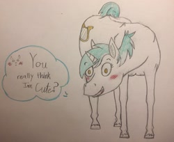 Size: 2048x1674 | Tagged: safe, artist:hrafnkyn, imported from derpibooru, lyra heartstrings, horse, pony, unicorn, blushing, female, looking at you, looking down, looking down at you, photo, solo, traditional art