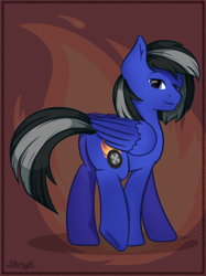 Size: 800x1067 | Tagged: safe, artist:starlight, imported from derpibooru, oc, oc only, oc:driftor, pegasus, pony, black hair, blue, blue eyes, cutie mark, feathered wings, fire, folded wings, full body, grey hair, large wings, looking at you, looking back, male, pegasus oc, red background, simple background, solo, stallion, two toned mane, two toned tail, wings