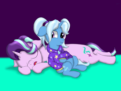 Size: 4032x3024 | Tagged: safe, artist:background basset, imported from derpibooru, starlight glimmer, trixie, pony, unicorn, alternate hairstyle, babysitter trixie, clothes, crossing the memes, gameloft, gameloft interpretation, long glimmer, long pony, lying down, meme, sleeping