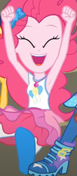 Size: 305x694 | Tagged: safe, imported from derpibooru, screencap, pinkie pie, trixie, equestria girls, equestria girls series, sock it to me, spoiler:eqg series (season 2), armpits, arms in the air, cheering, clothes, cropped, cute, diapinkes, eyes closed, female, geode of sugar bombs, magical geodes, offscreen character, open mouth, skirt, smiling, sock it to me: trixie